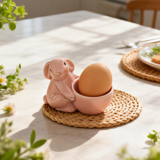 Cute Bunny Ceramic Egg Cup - Pastel Pink Rabbit Egg Holder for Breakfast & Easter Decor，2 pack egg cups, set of 2 easter decor, couple breakfast set