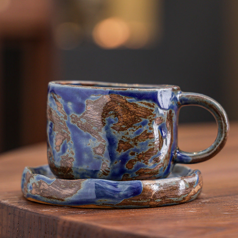Vintage Kaffeetasse und Untertasse aus Keramik mit Ofenglasur
