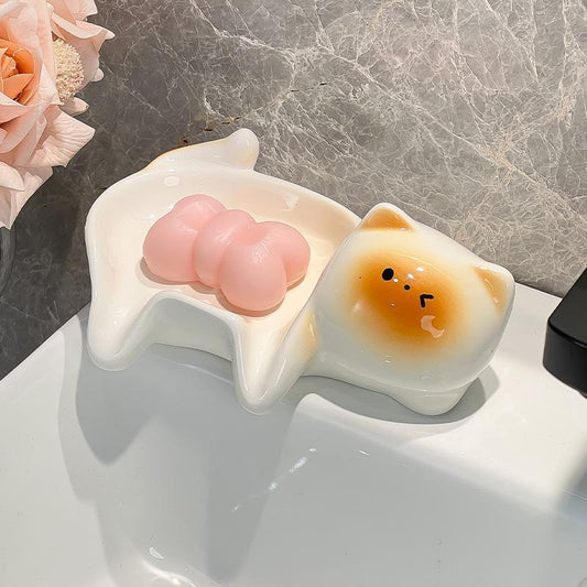 Cute Cat Ceramic Soap Dish, Self Draining Bathroom Tray