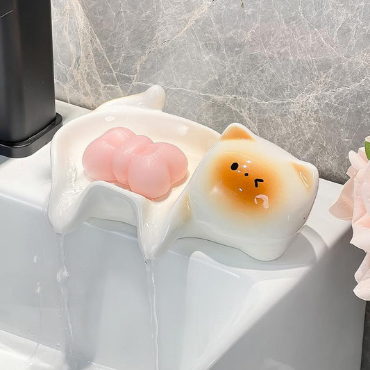 Cute Cat Ceramic Soap Dish, Self Draining Bathroom Tray