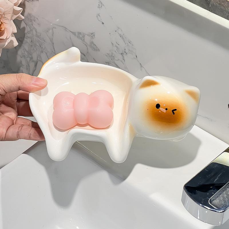 Cute Cat Ceramic Soap Dish, Self Draining Bathroom Tray