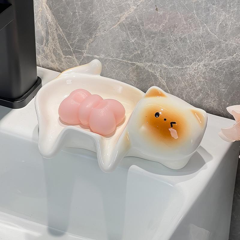Cute Cat Ceramic Soap Dish, Self Draining Bathroom Tray