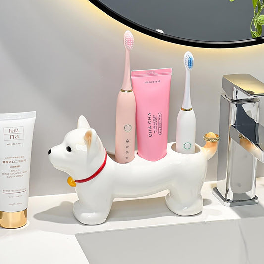 Cute Dog Ceramic Toothbrush Holder, Bathroom Vanity Storage Organizer