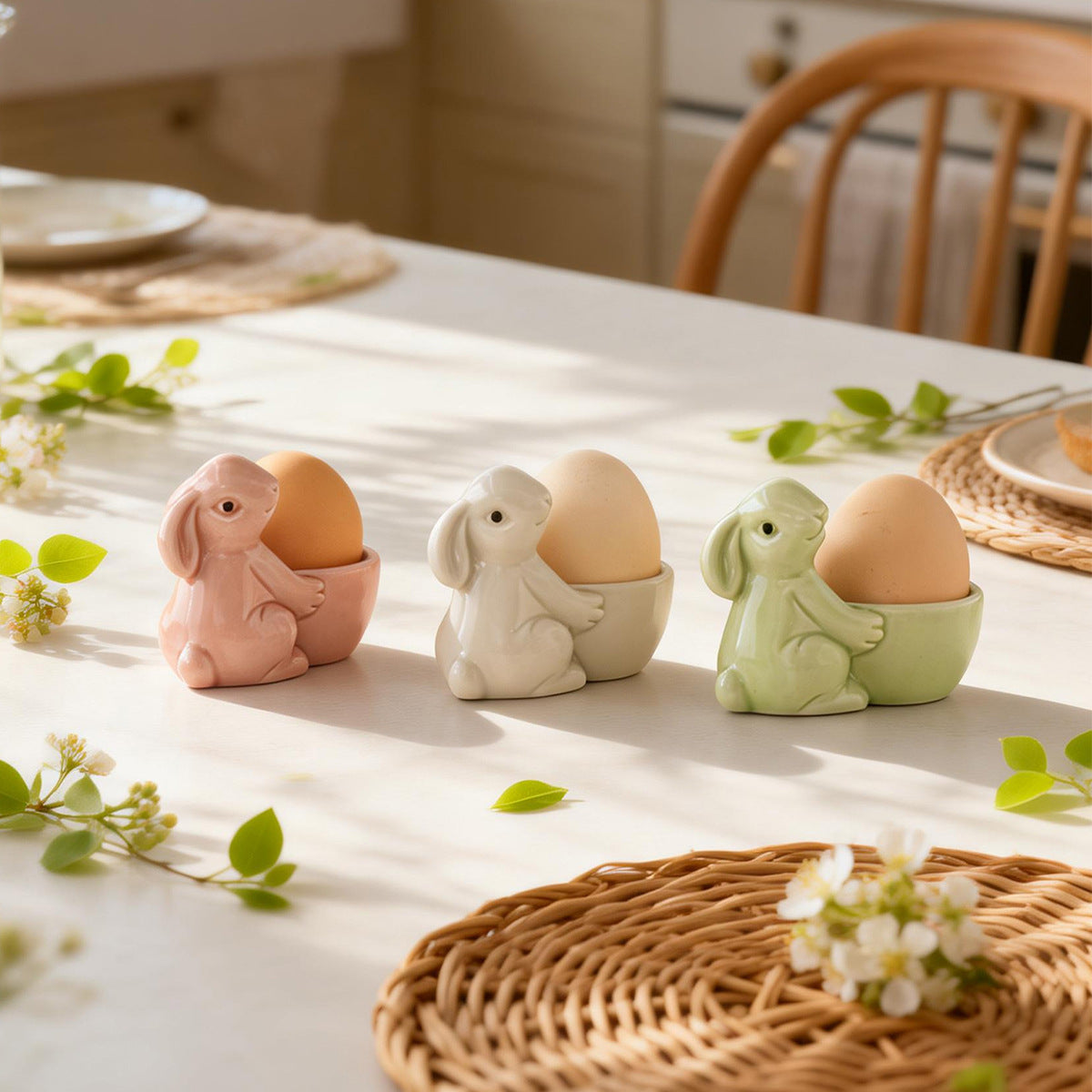 Cute Bunny Ceramic Egg Cup - Pastel Pink Rabbit Egg Holder for Breakfast & Easter Decor，2 pack egg cups, set of 2 easter decor, couple breakfast set