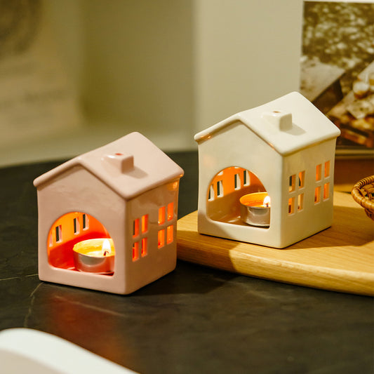 Ceramic House Tealight Candle Holders (Set of 2) - Pastel Pink & White Home Decor for Living Room & Christmas