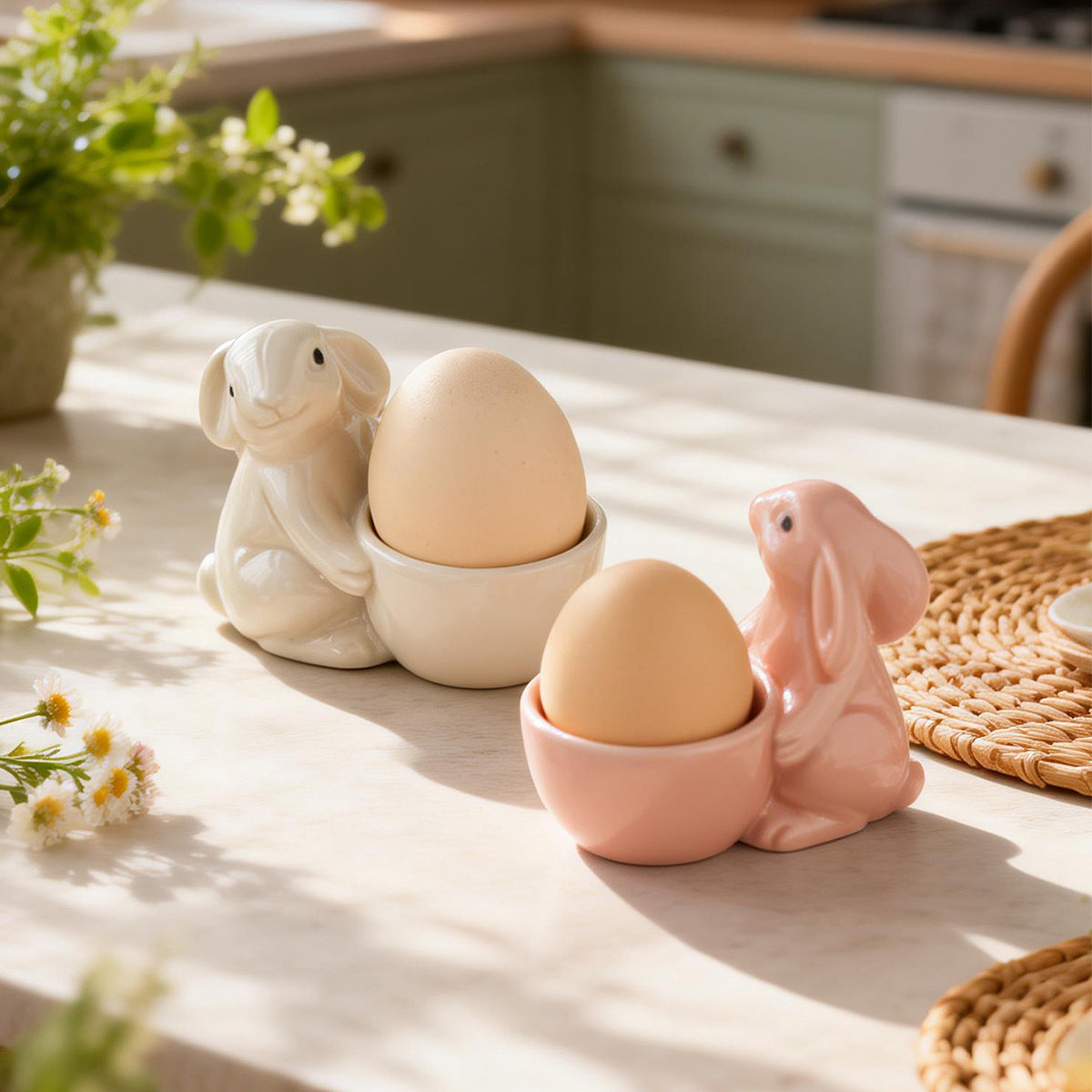 Cute Bunny Ceramic Egg Cup - Pastel Pink Rabbit Egg Holder for Breakfast & Easter Decor，2 pack egg cups, set of 2 easter decor, couple breakfast set