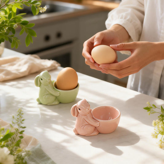 Cute Bunny Ceramic Egg Cup - Pastel Pink Rabbit Egg Holder for Breakfast & Easter Decor，2 pack egg cups, set of 2 easter decor, couple breakfast set